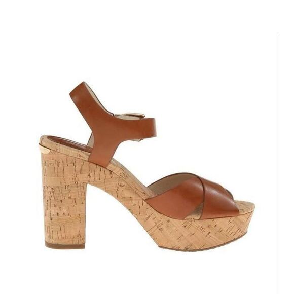 Michael Kors Walnut Natalia 8.5 Leather Platform Sandal Brown Cork 4.5 Inch Heel - Picture 2 of 10